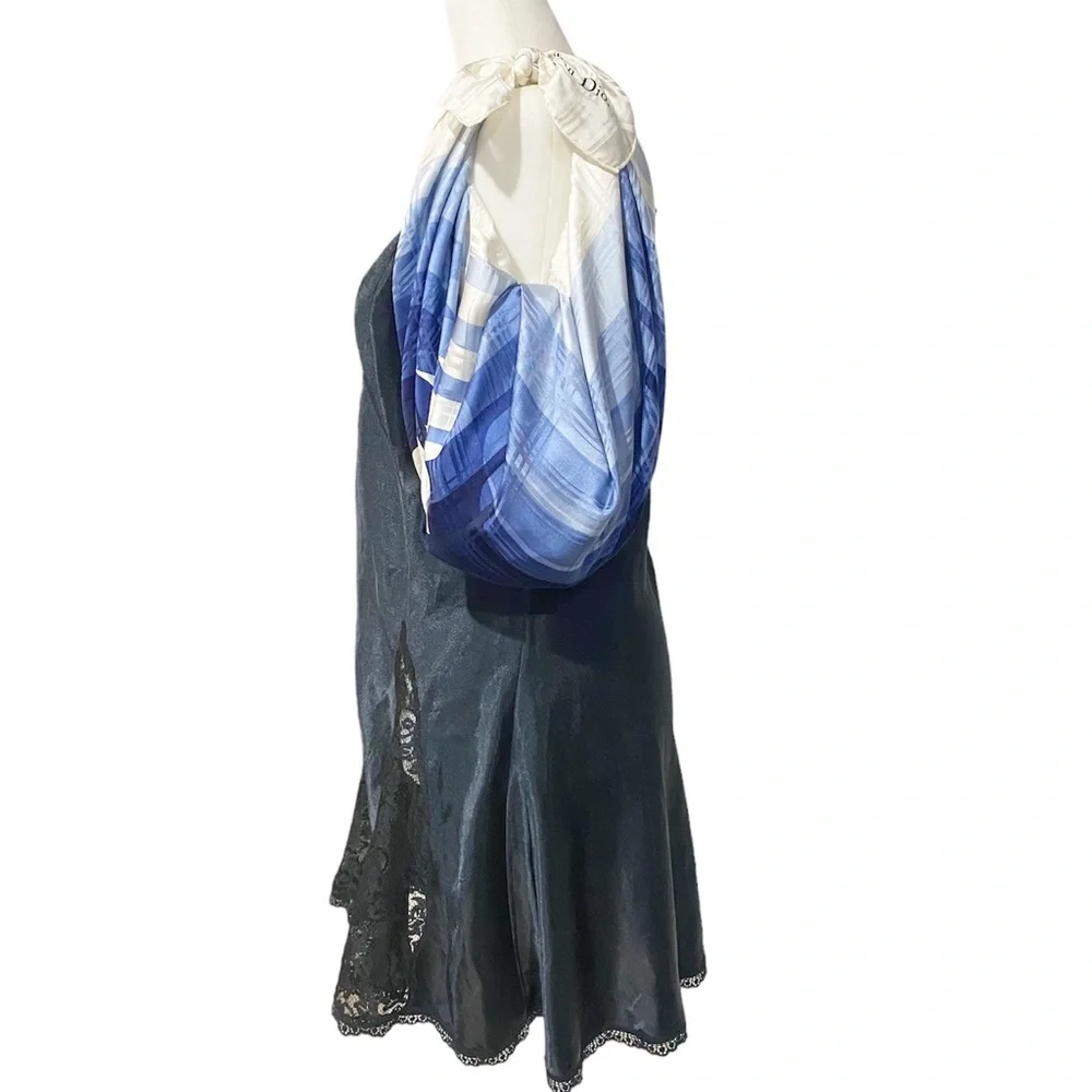 AUTHENTICATED DIOR Silk Scarf D Logo Navy Blue White Top Bandana Bag Sarong